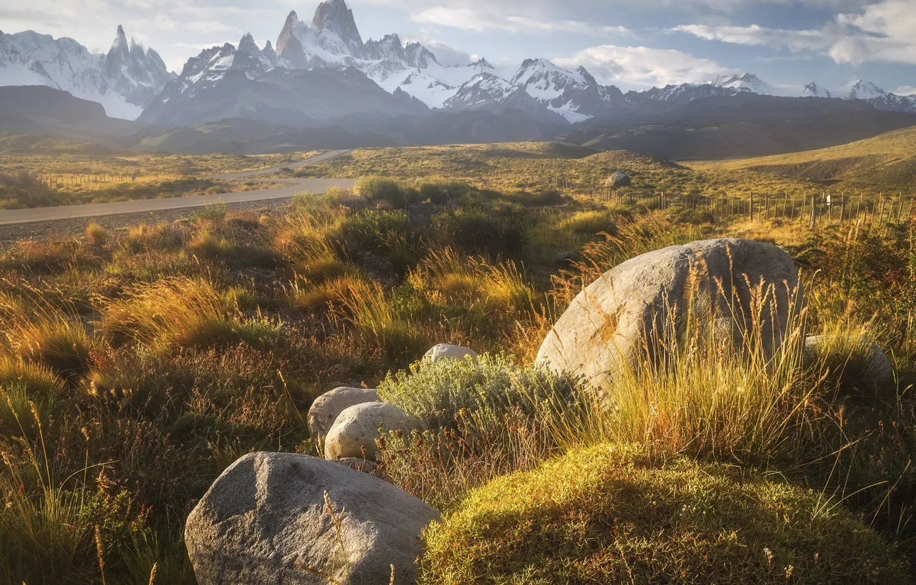 Photo wallpaper grass, clouds, landscape, mountains, nature, stones, Patagonia, Anton Rostov