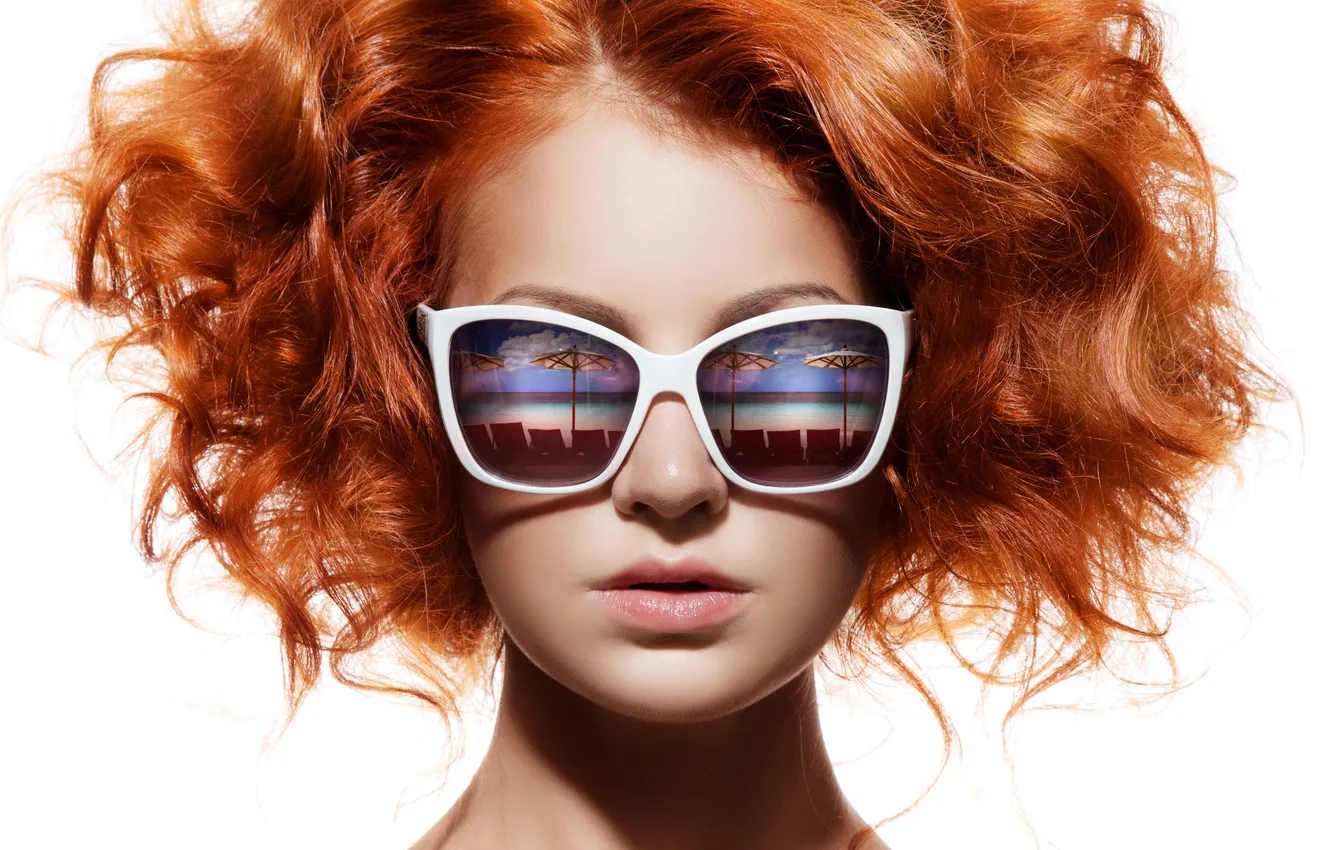 Photo wallpaper girl, background, red, hair. sunglasses. look. reflection