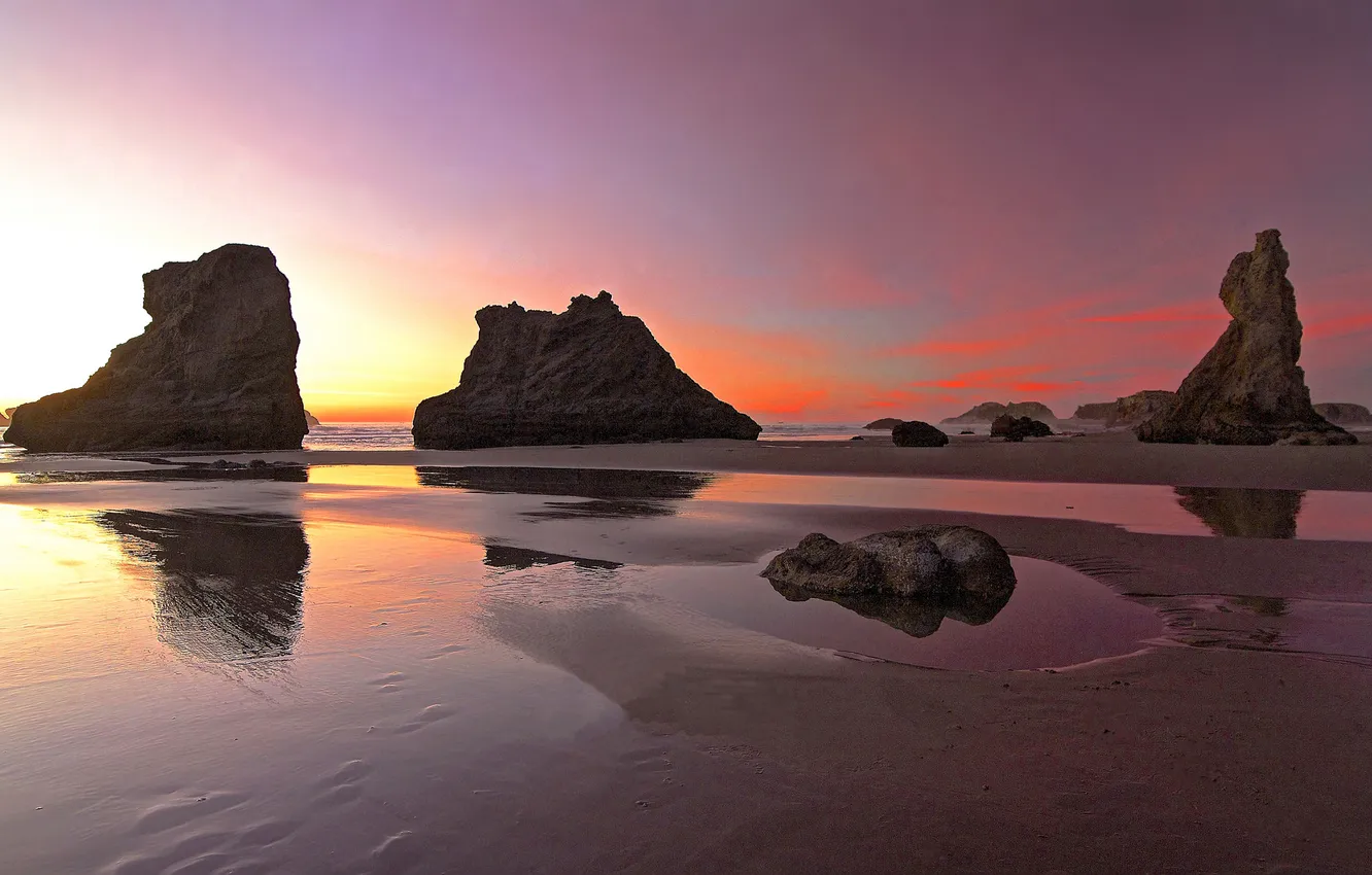 Photo wallpaper sand, sea, the sky, rocks, shore, the evening, tide, glow