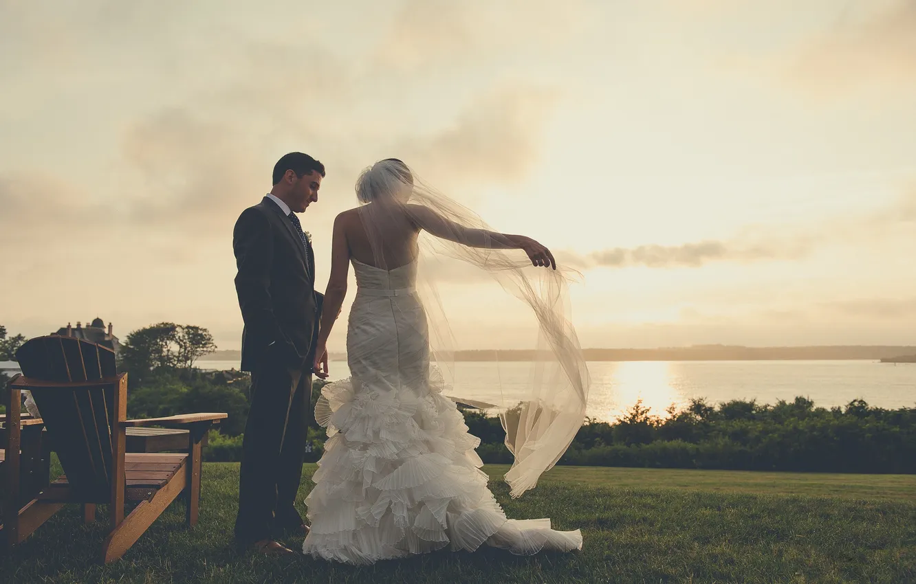 Photo wallpaper sunset, dress, lovers, the bride, the groom