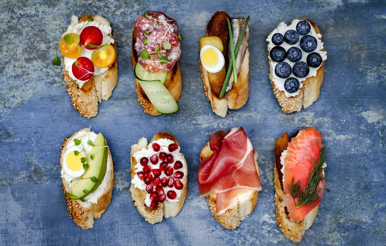 Photo wallpaper berries, fish, cheese, vegetables, sandwiches, ham, salami, bruschetta