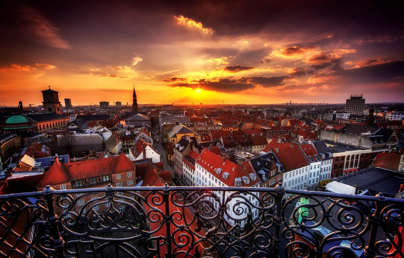 Photo wallpaper sunset, the city, building, home, the evening, Denmark, panorama, Copenhagen