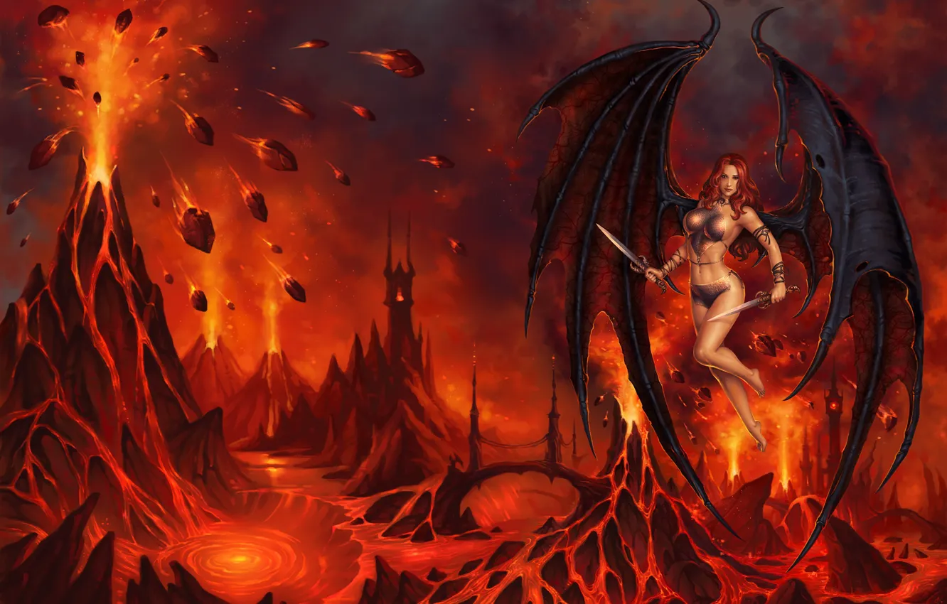 Photo wallpaper girl, background, fire, the demon, art