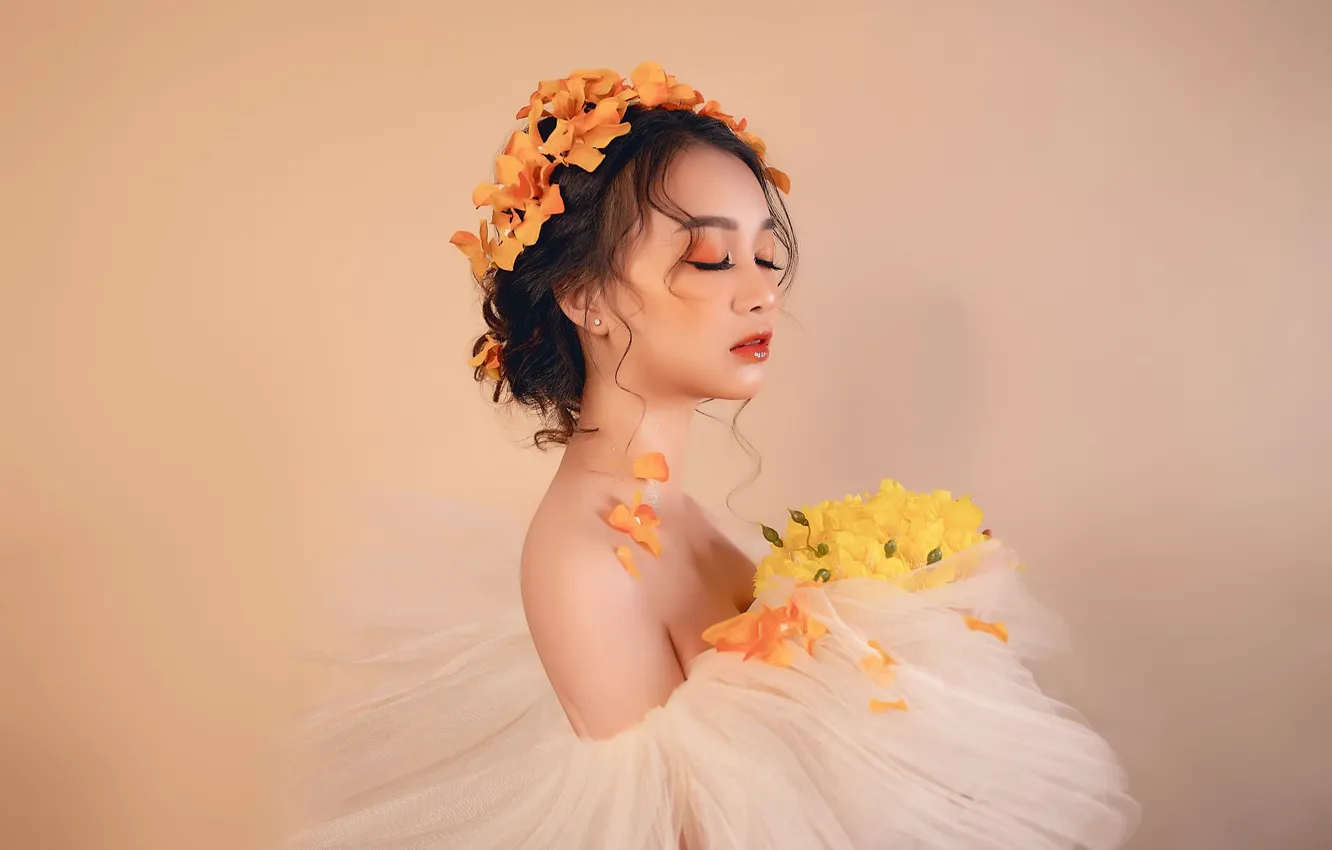 Photo wallpaper girl, bouquet, dress, Asian, wreath, cutie