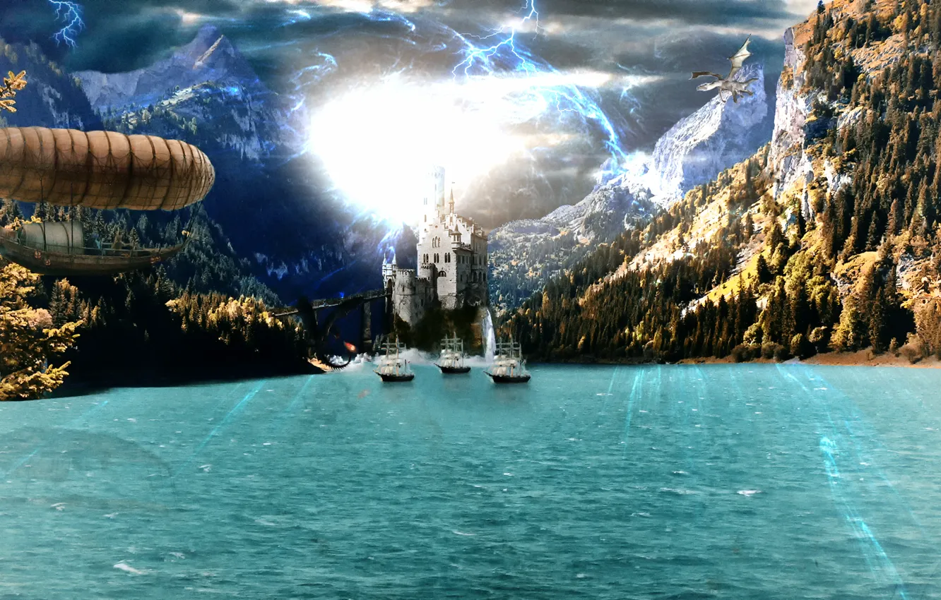 Photo wallpaper castle, dragon, photoshop