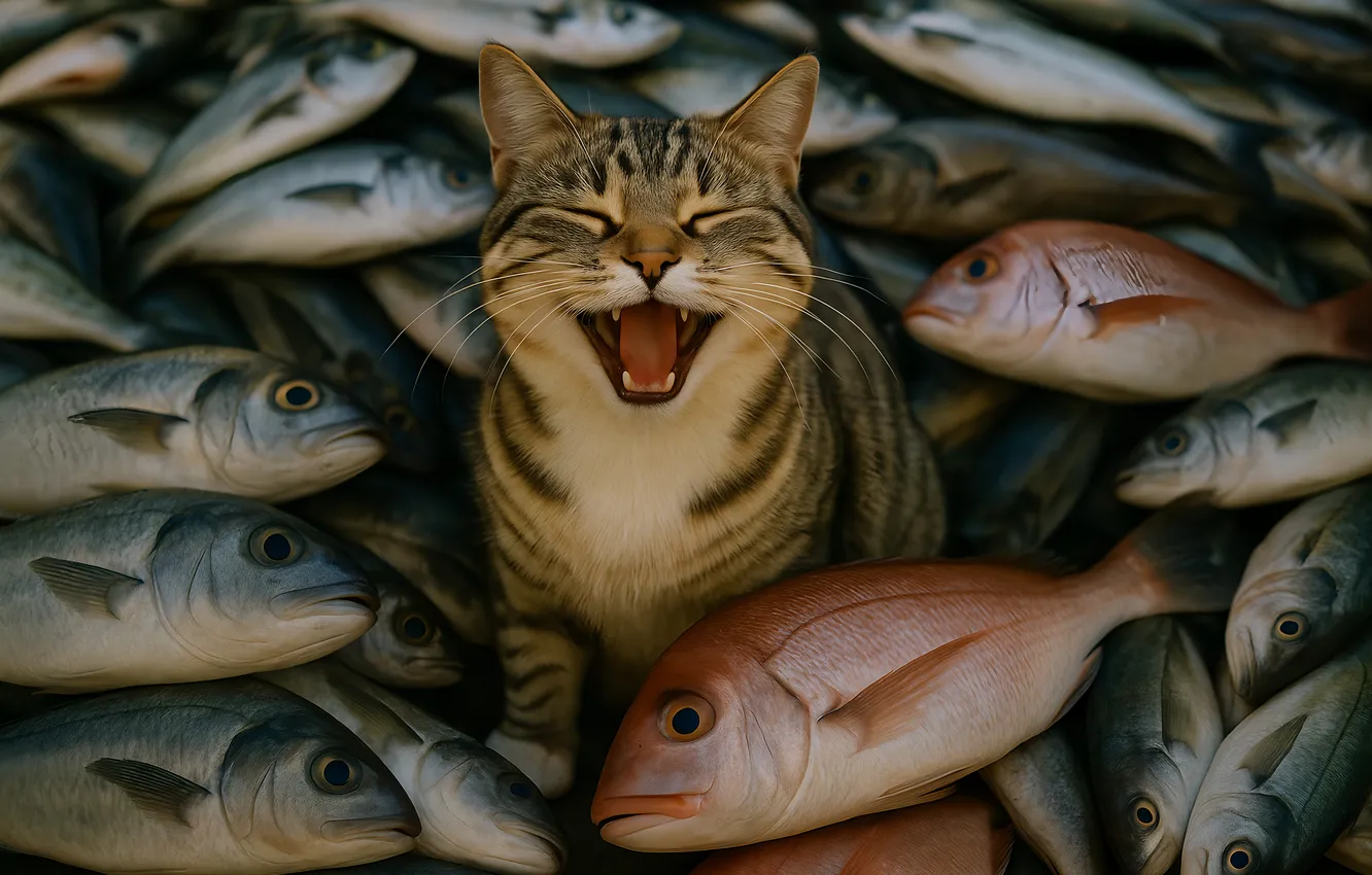 Photo wallpaper cat, cat, pose, fish, mouth, face, sitting, a lot