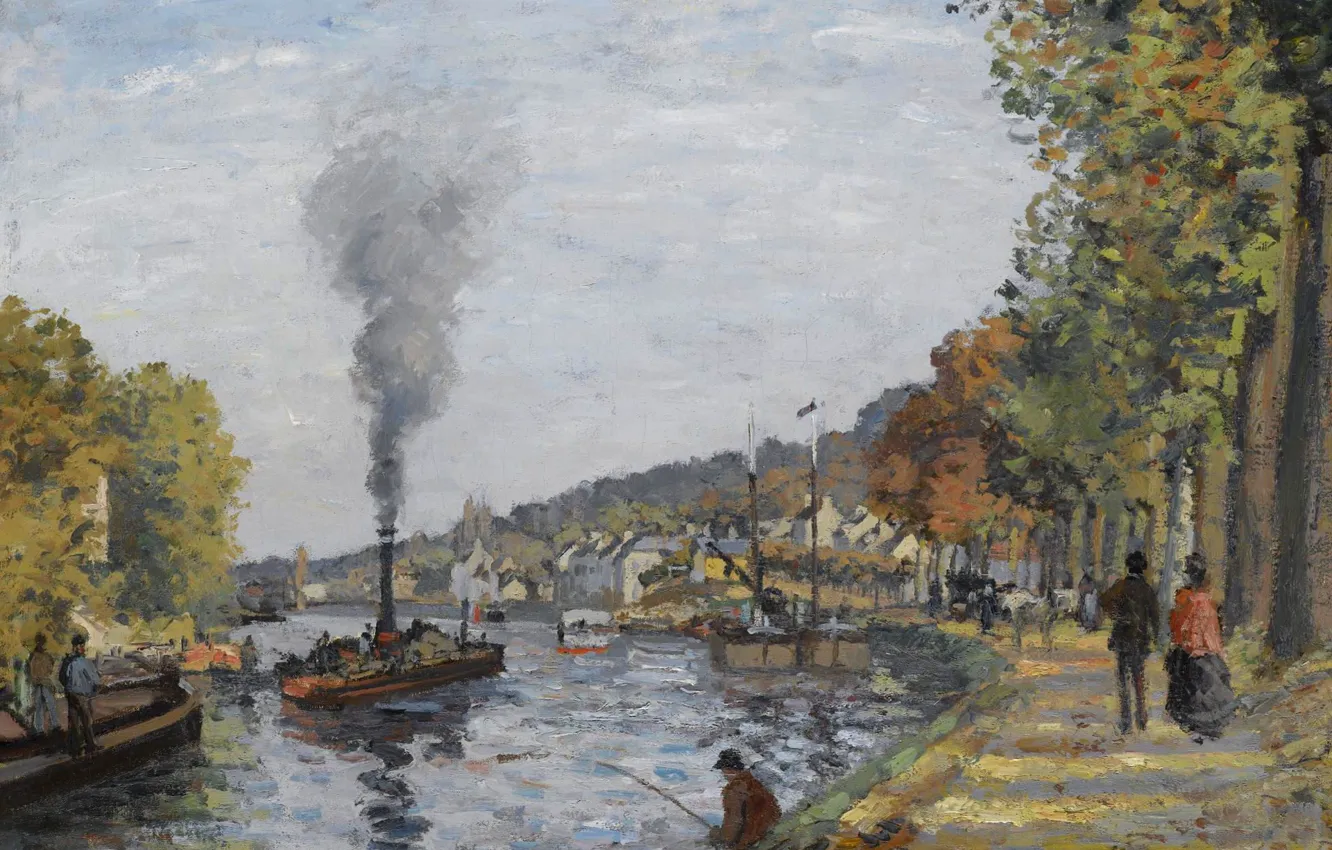 Photo wallpaper river, smoke, ship, fisherman, steamer, Camille Pissarro, The Seine at Bougival, Camille Pissarro