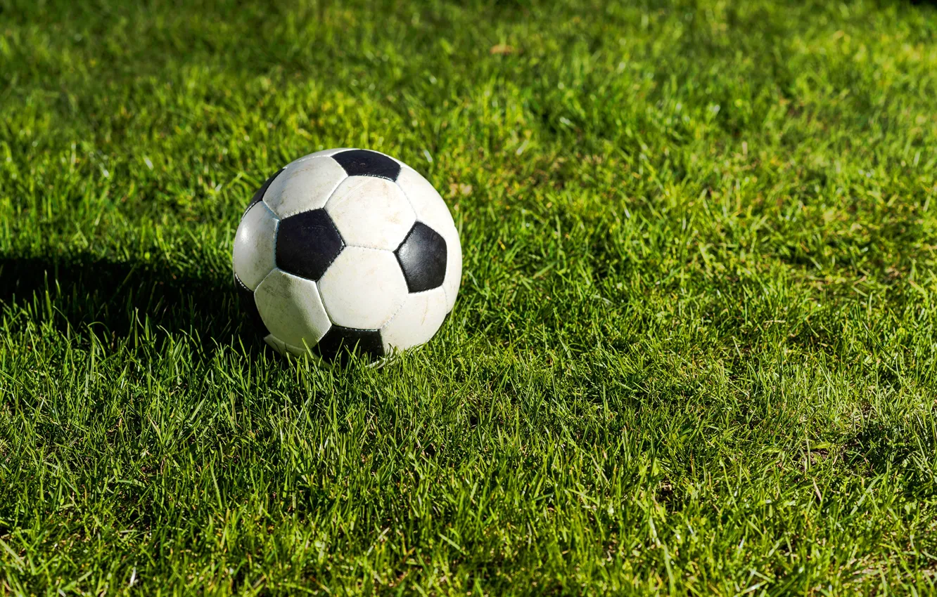 Photo wallpaper greens, field, grass, the sun, lawn, football, the ball, bokeh