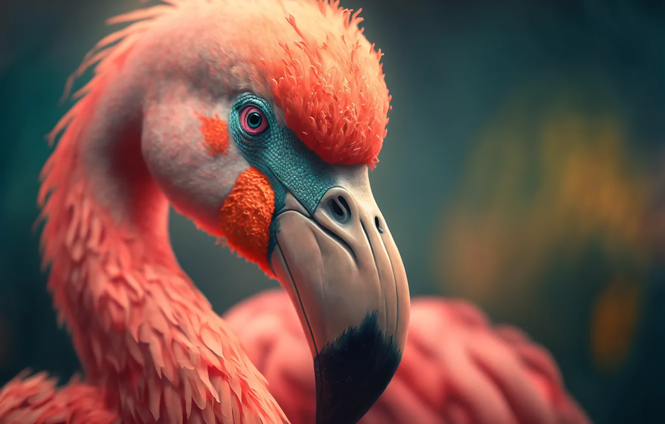 Photo wallpaper look, bird, graphics, portrait, beak, art, Flamingo, pink flamingos