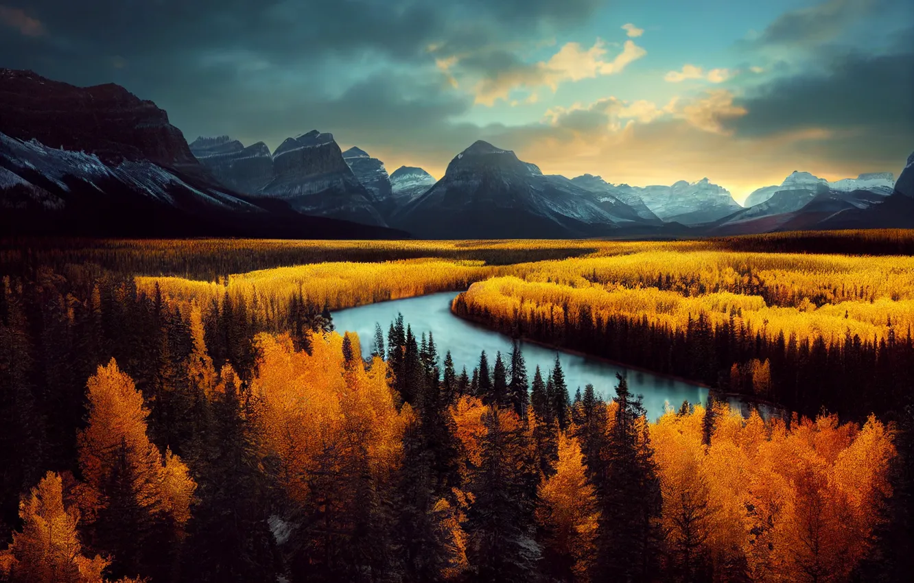 Photo wallpaper autumn, forest, the sky, clouds, trees, landscape, mountains, nature