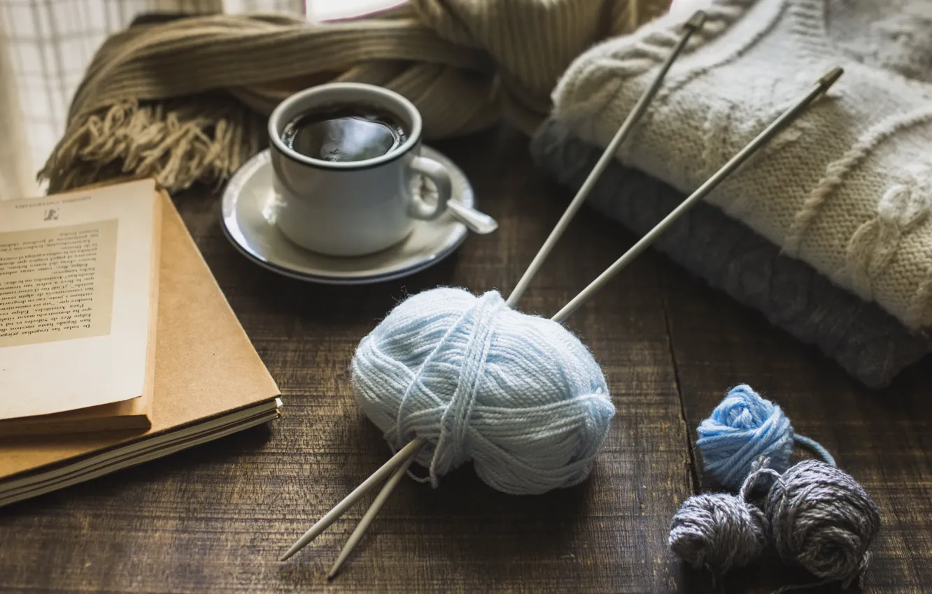 Photo wallpaper table, coffee, book, thread, spokes, knitting, yarn