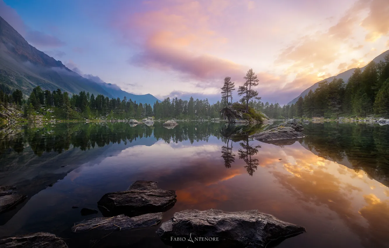 Photo wallpaper forest, the sky, nature, lake, reflection, rocks