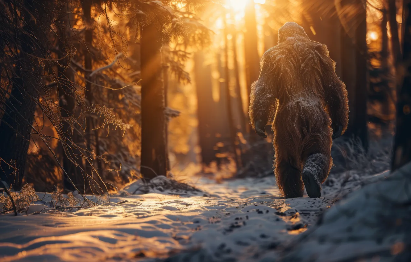 Photo wallpaper winter, snow, trees, nature, dawn, being, back, Yeti