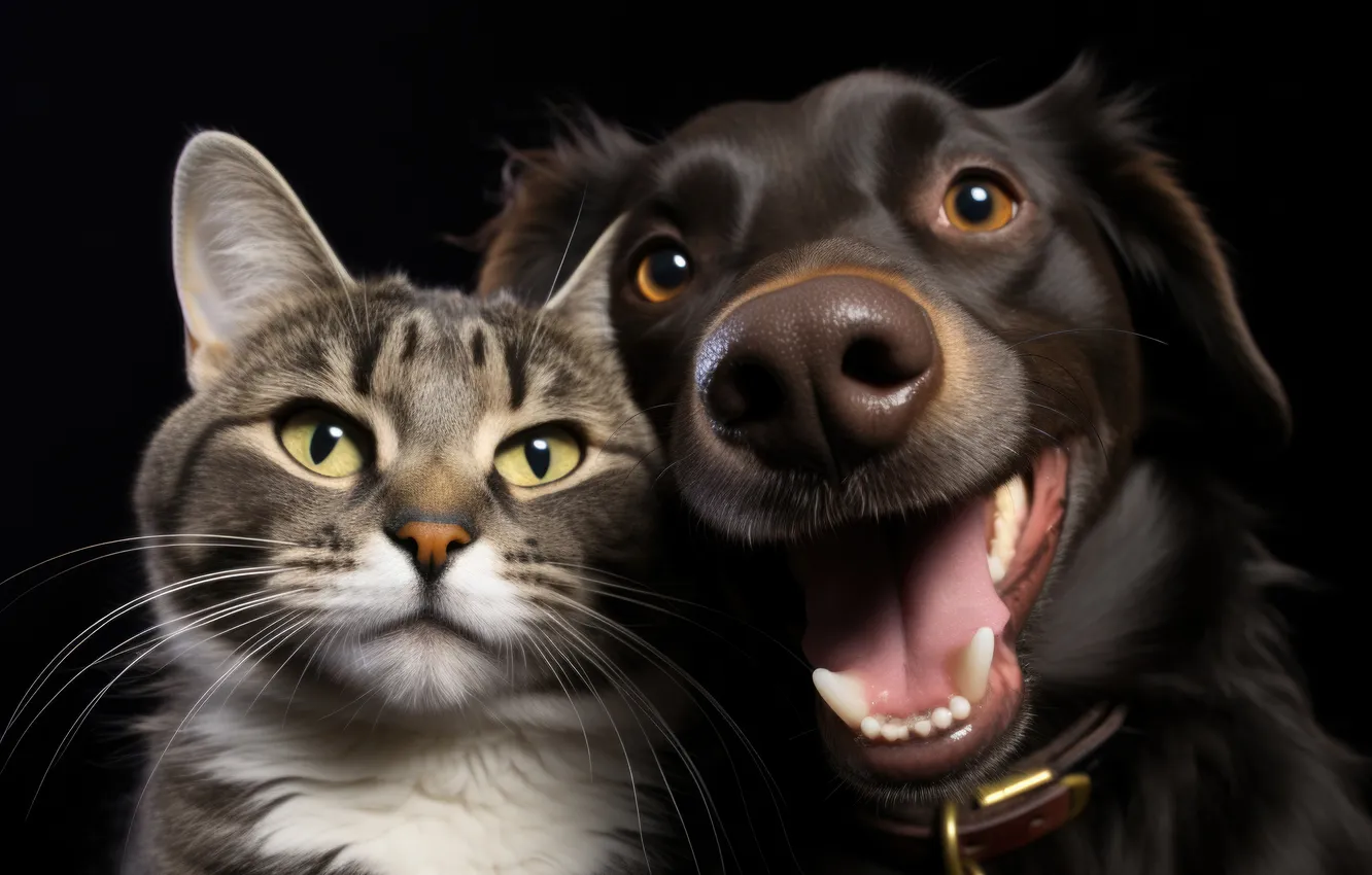 Photo wallpaper cat, cat, look, face, the dark background, each, dog, two
