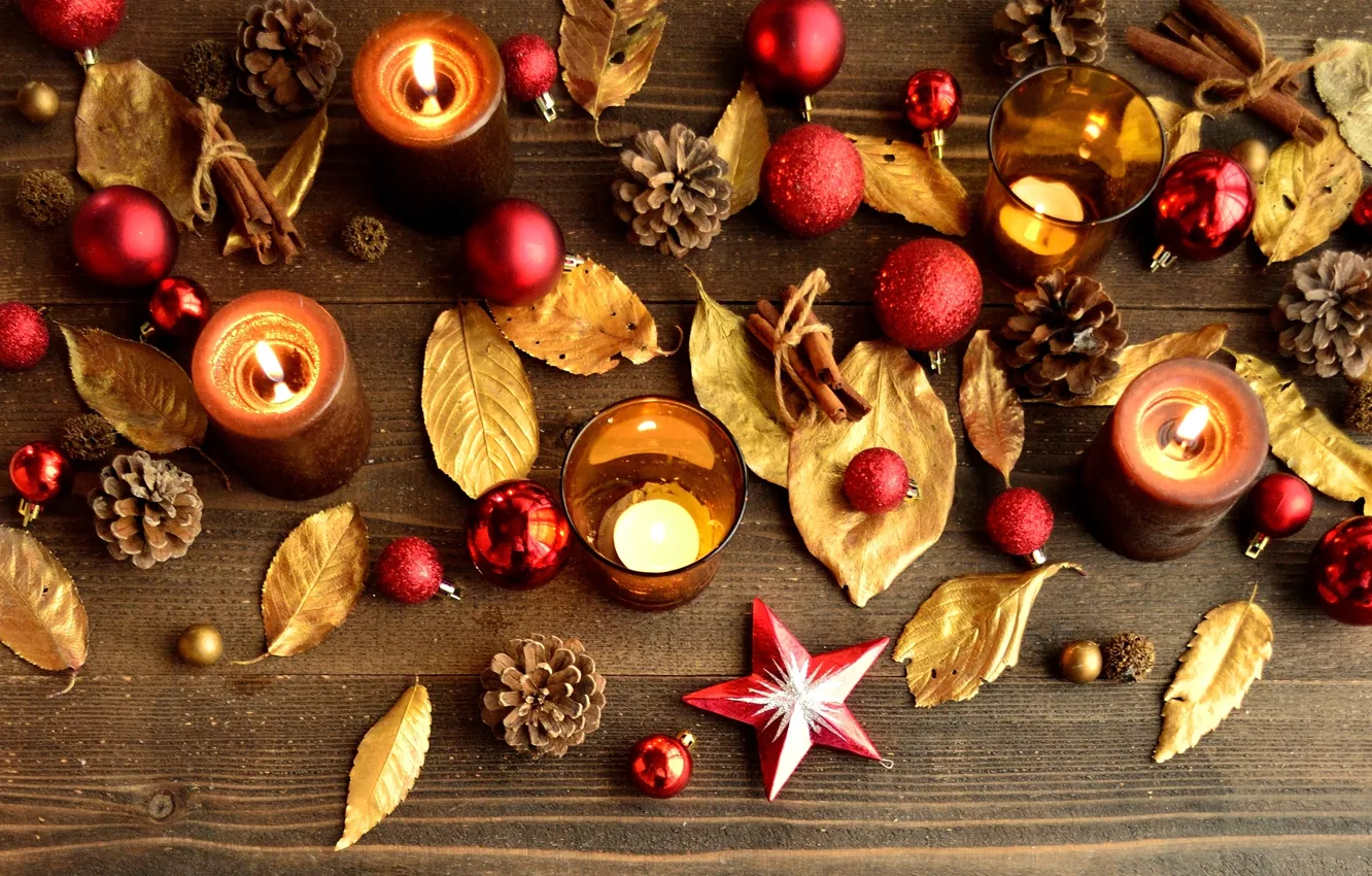 Photo wallpaper leaves, balls, sticks, candles, New Year, Christmas, red, cinnamon