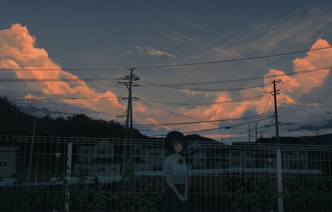 Photo wallpaper girl, clouds, posts, wire, the fence, the evening