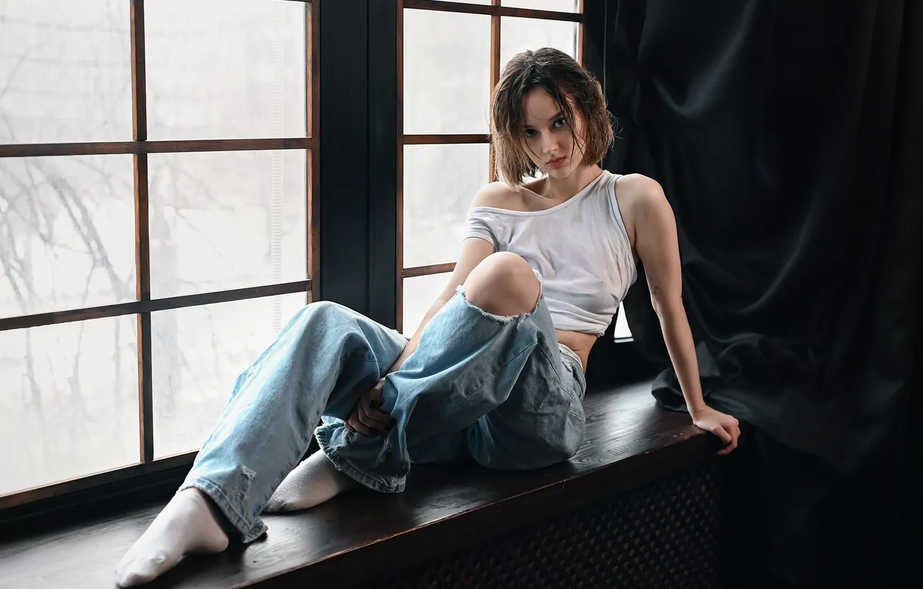 Photo wallpaper look, girl, pose, feet, jeans, window, on the windowsill, Anastasia Popova