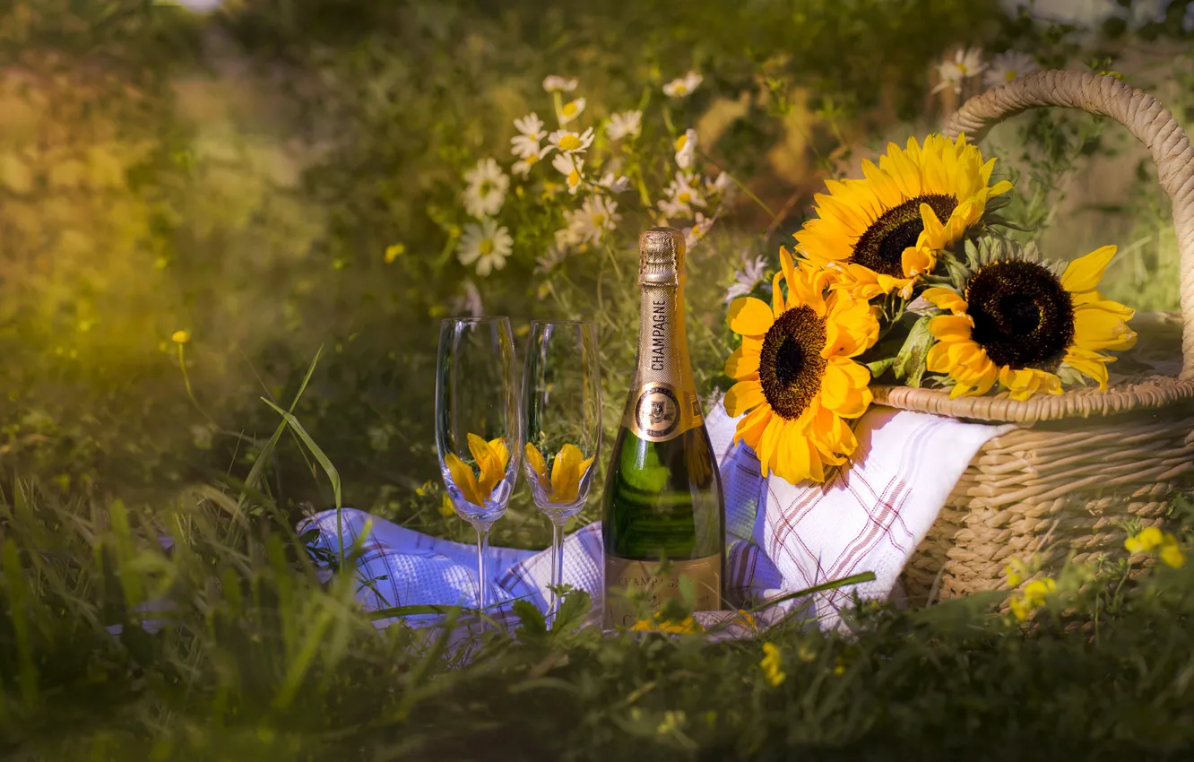 Photo wallpaper summer, sunflowers, basket, bottle, glasses, champagne
