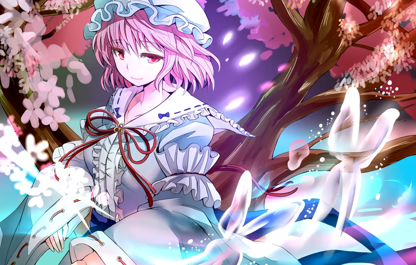 Photo wallpaper girl, trees, flowers, butterfly, anime, petals, fan, art