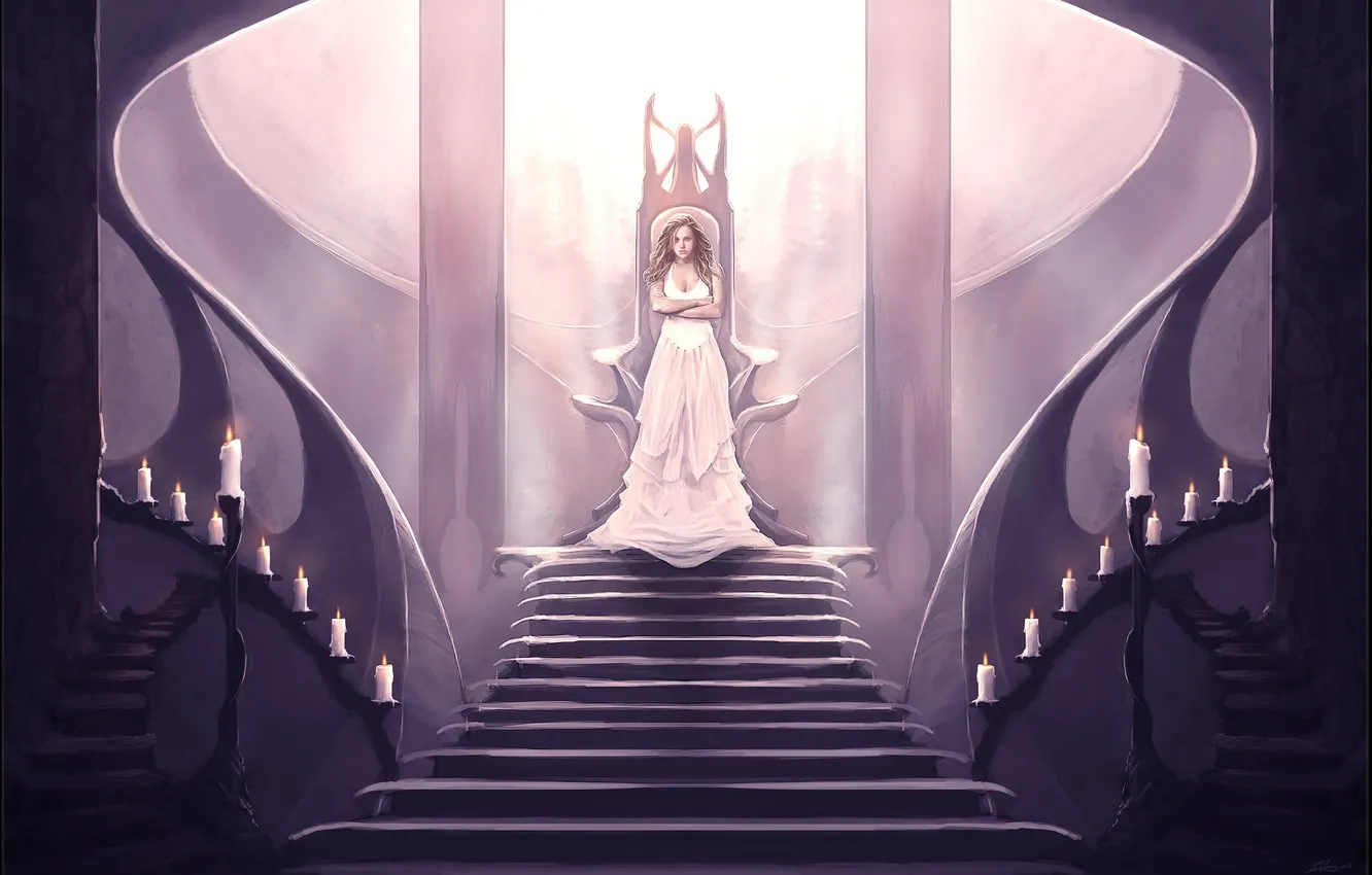 Photo wallpaper girl, candles, dress, the throne