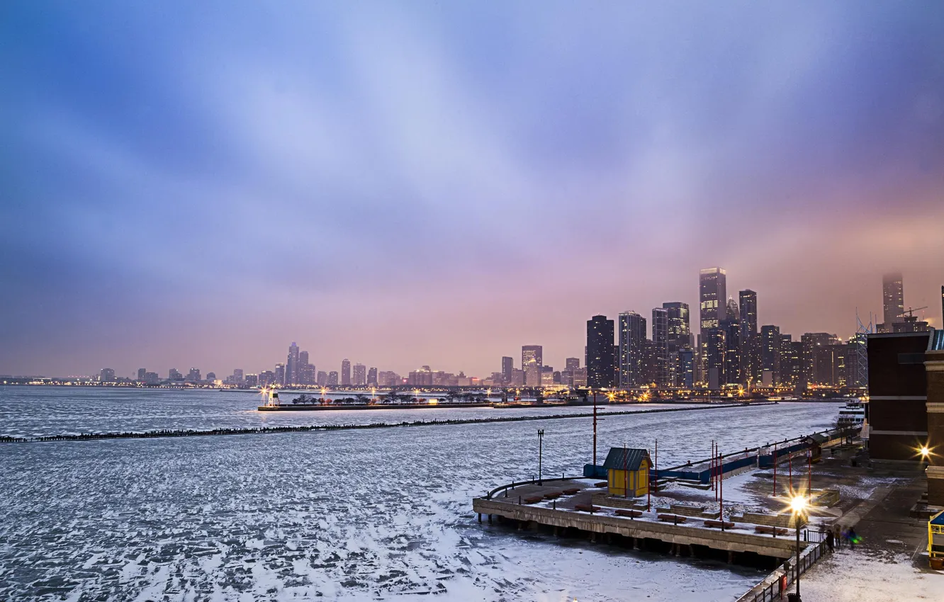 Photo wallpaper winter, snow, skyscrapers, Chicago, USA, Chicago, Illinois, megapolis