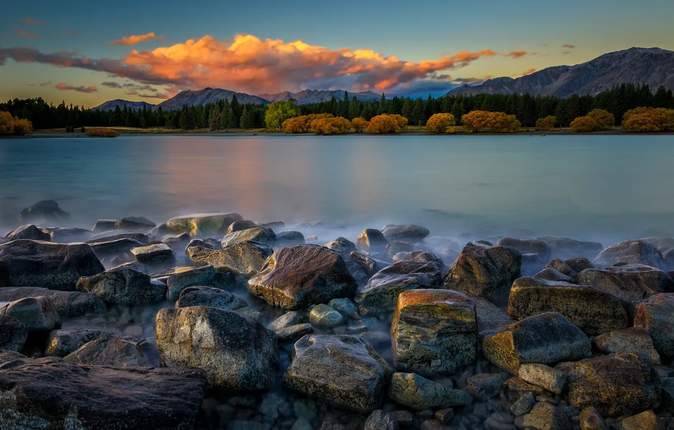 Photo wallpaper trees, landscape, mountains, nature, lake, stones, New Zealand, forest