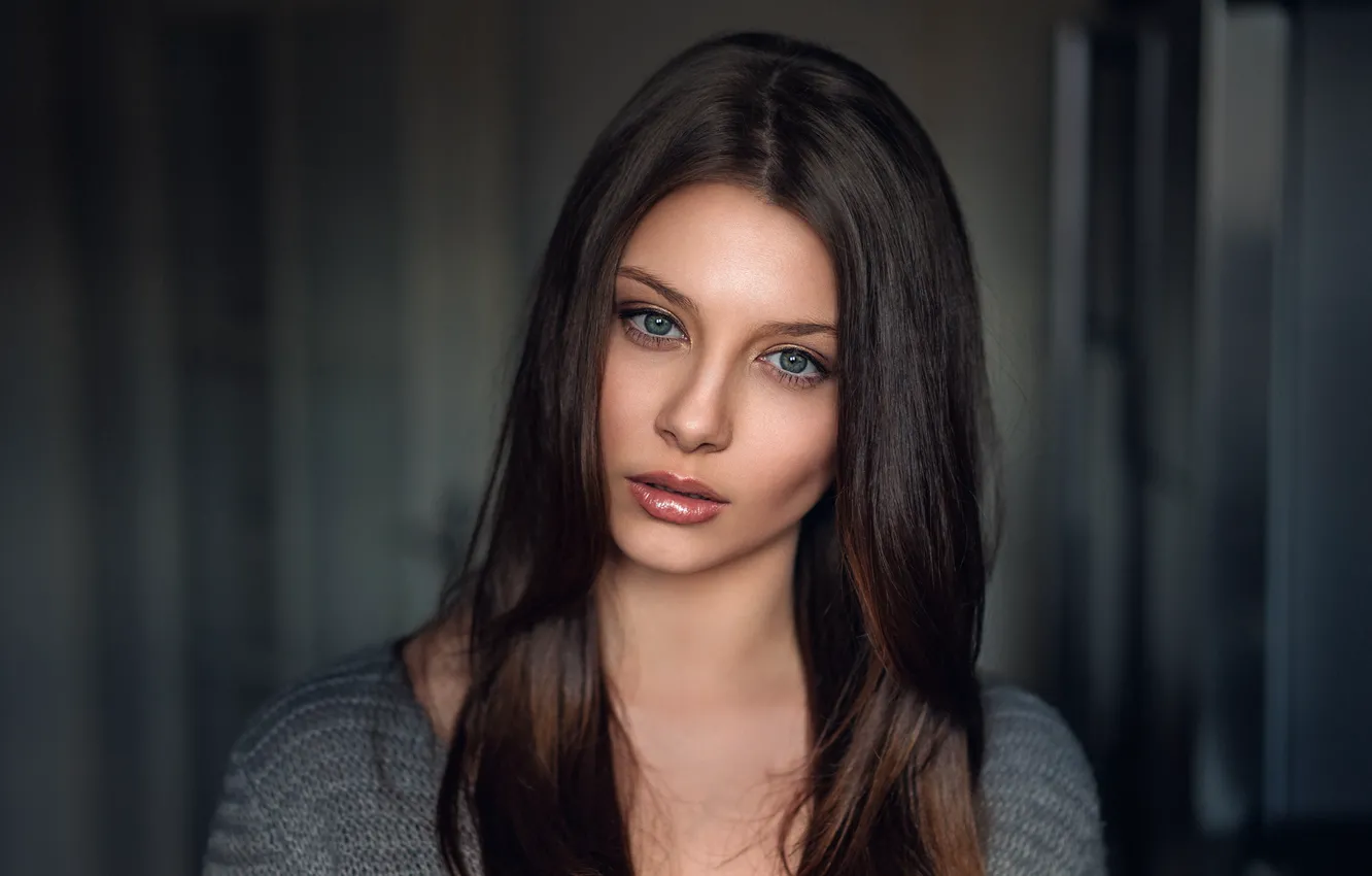 Photo wallpaper girl, face, model, portrait, brunette, neck, blue-eyed, beauty