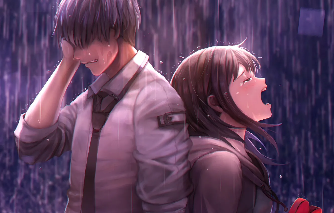 Photo wallpaper girl, rain, tears, guy, two