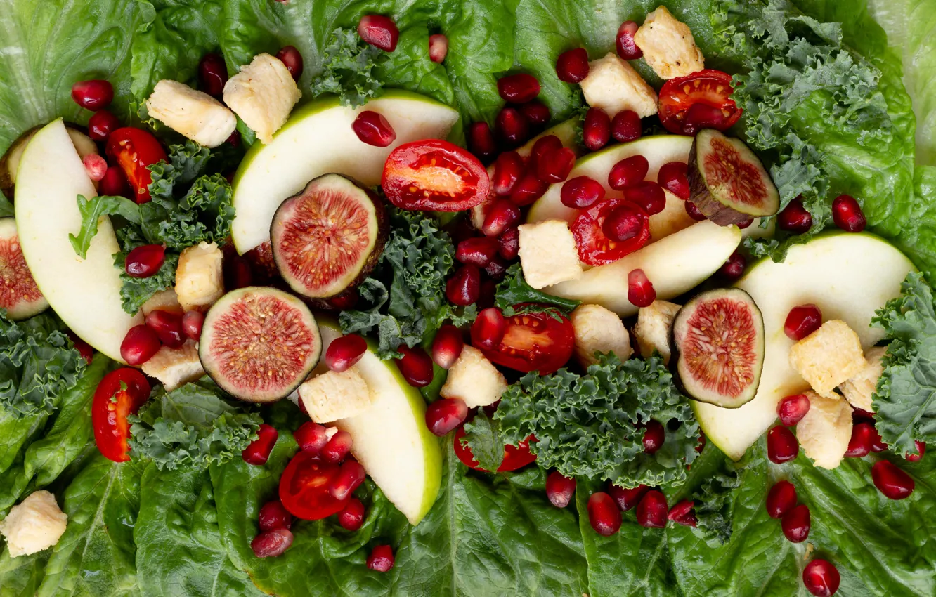Photo wallpaper pear, fruit salad, figs, croutons, crackers, tomatoes, pomegranate seeds