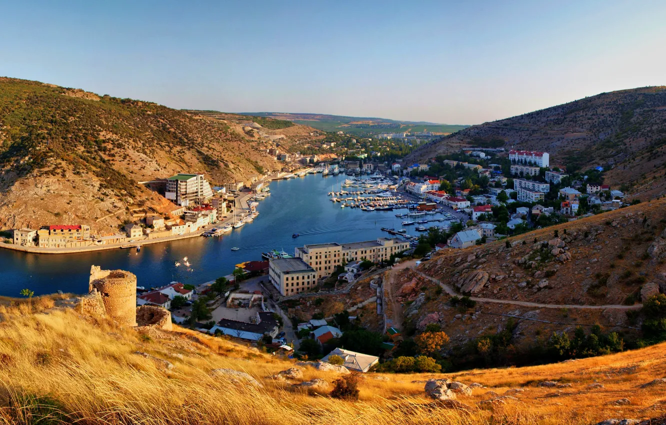 Photo wallpaper mountains, the city, river, home, boats, Crimea, Balaclava
