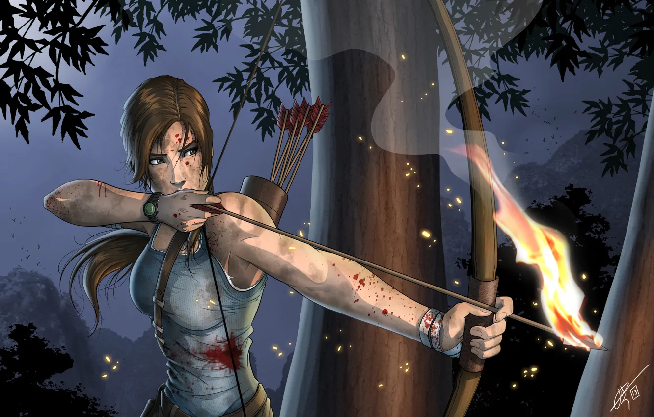 Photo wallpaper face, lights, weapons, blood, hair, Mike, bow, art