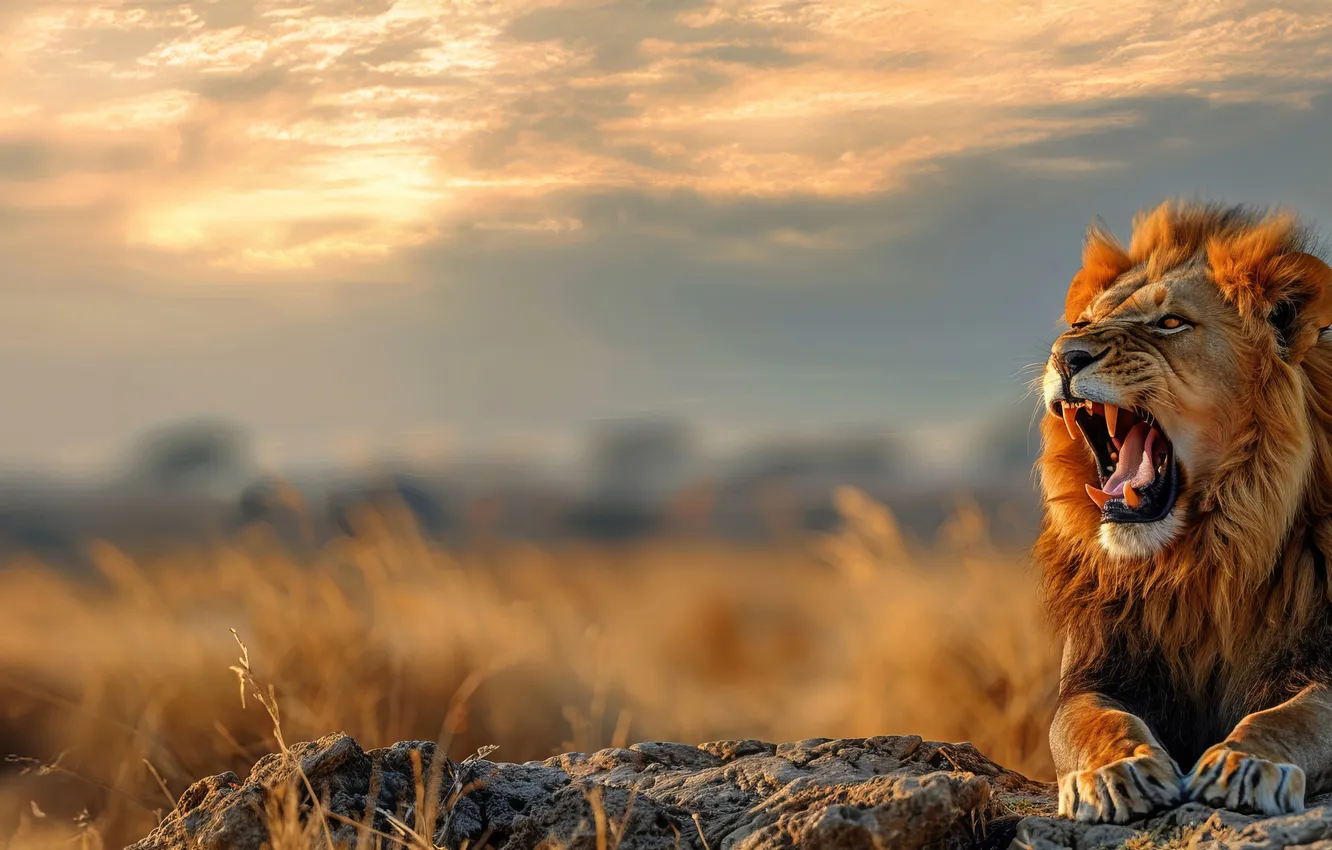 Photo wallpaper predator, Leo, Savannah, fangs, grin, big cat, digital art, AI art