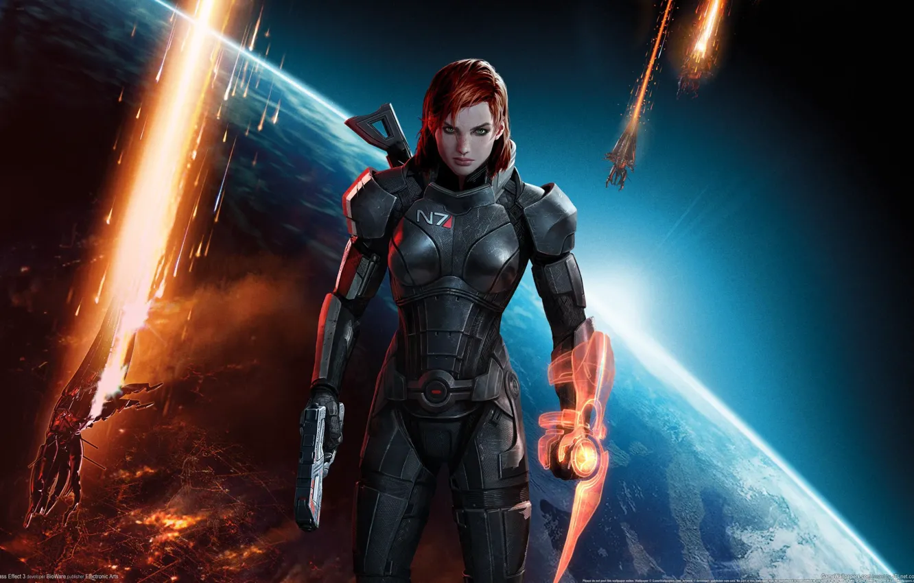 Photo wallpaper girl, space, the explosion, weapons, earth, ship, space, red