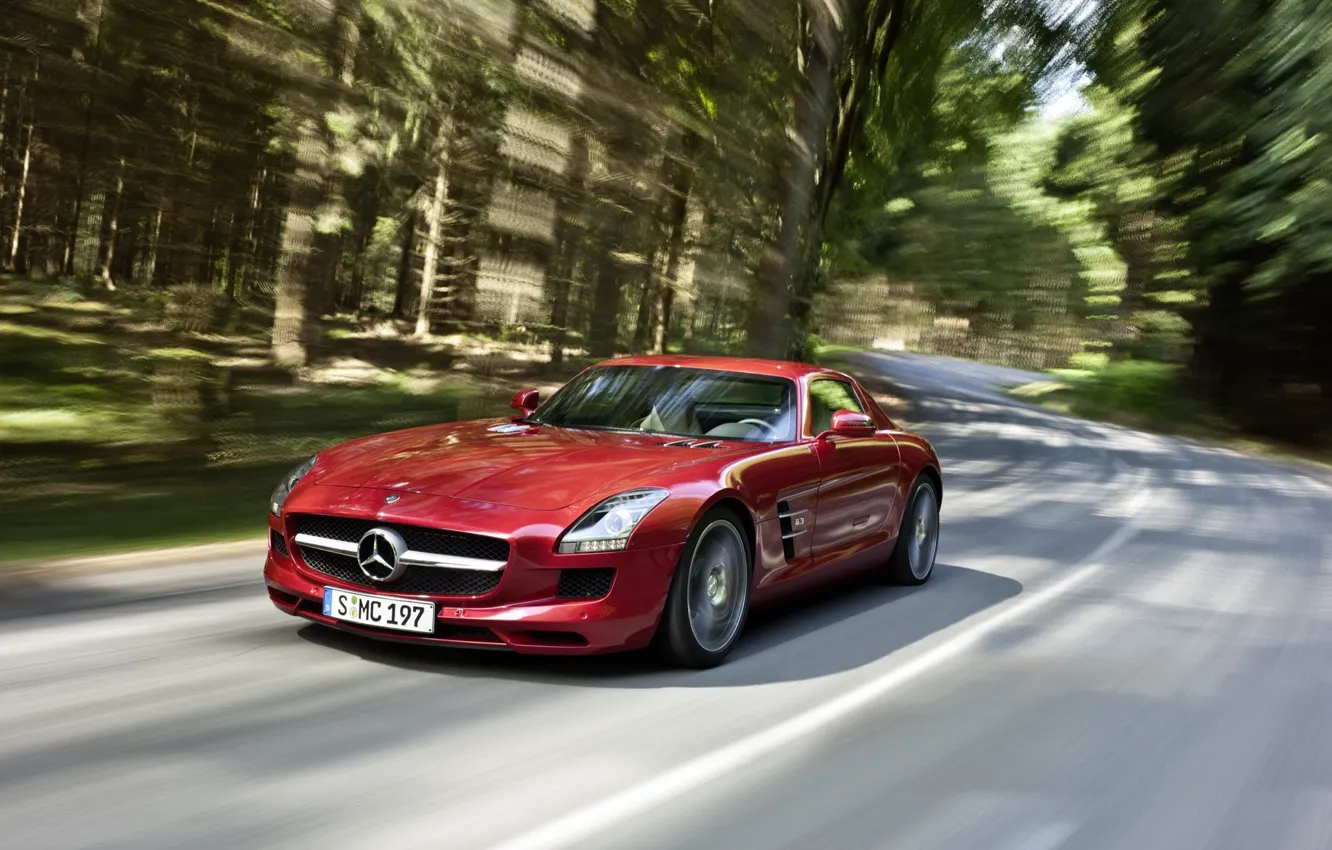Photo wallpaper red, speed, Mercedes, Benz, SLS AMG