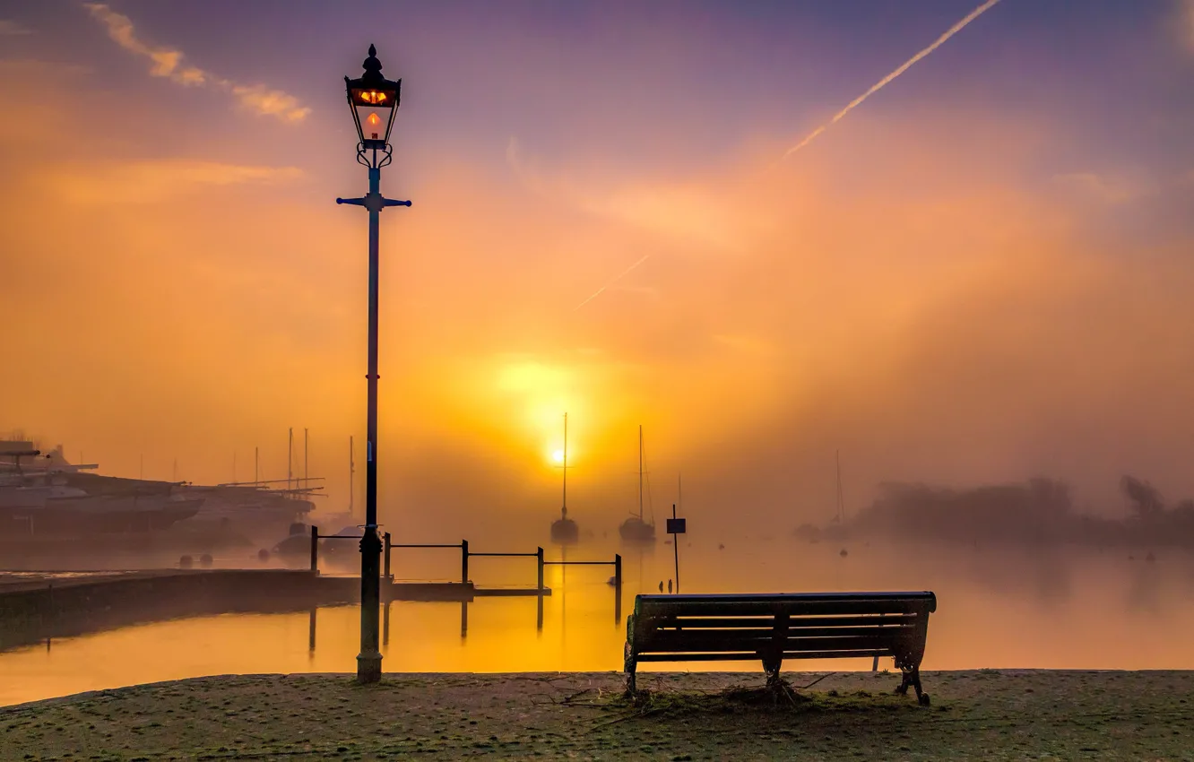 Photo wallpaper sea, bench, sunrise, dawn, England, yachts, morning, port