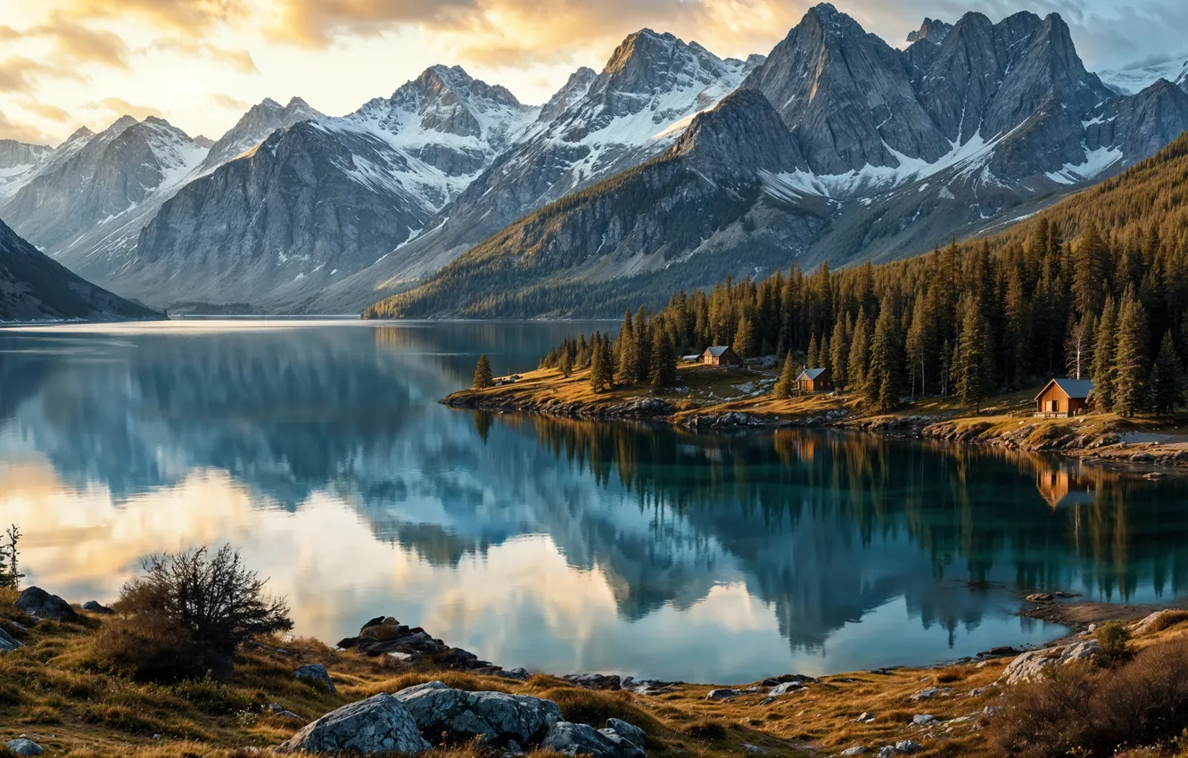 Photo wallpaper winter, snow, mountains, nature, river, landscape, winter, snowy