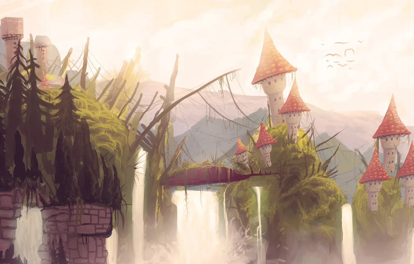 Photo wallpaper bird, waterfall, home, art, painted landscape