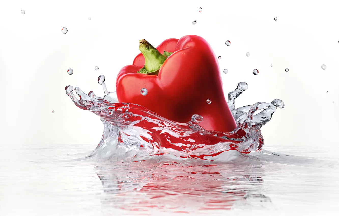 Photo wallpaper water, squirt, white background, water, red pepper, white background, red pepper sprays