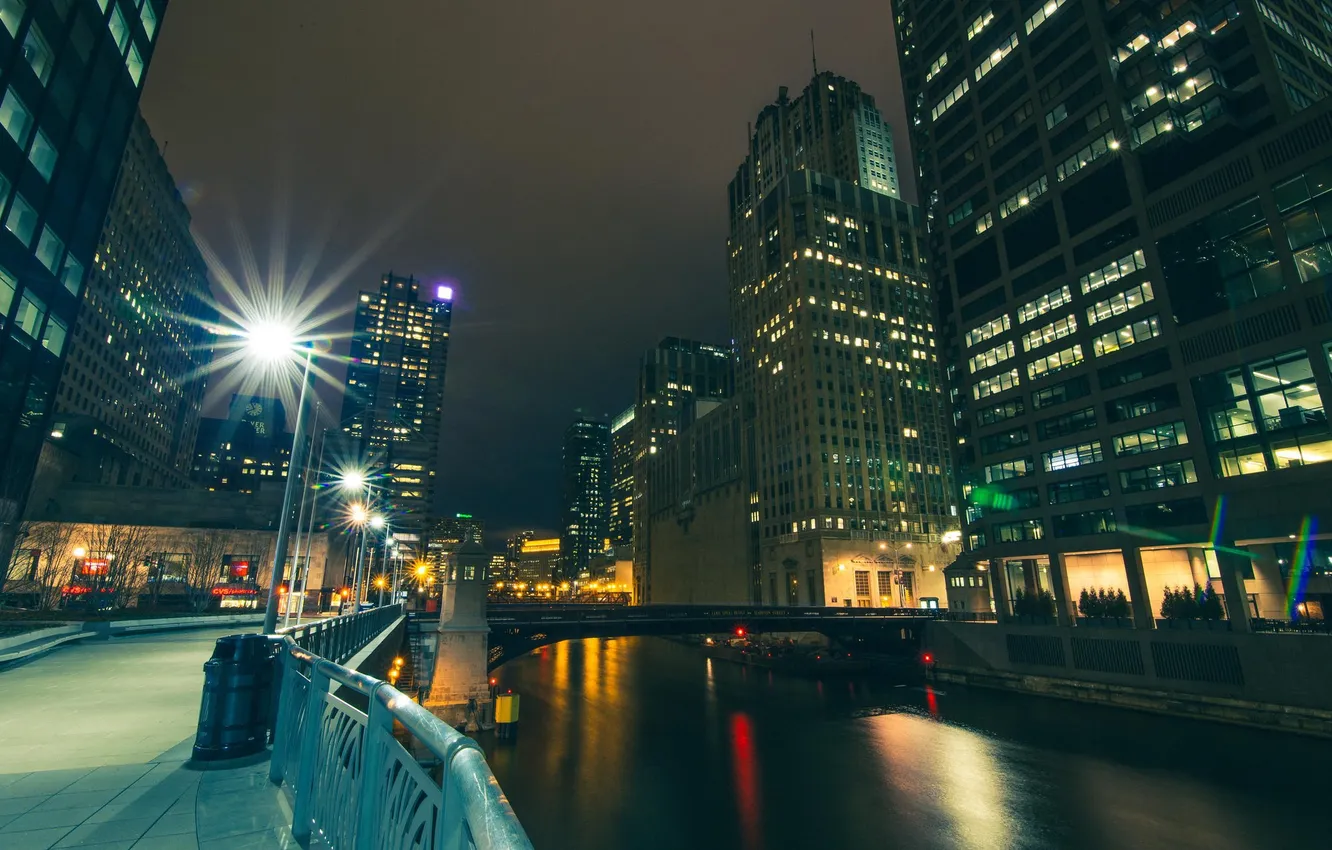 Photo wallpaper lights, river, building, skyscrapers, the evening, Chicago, America, Chicago