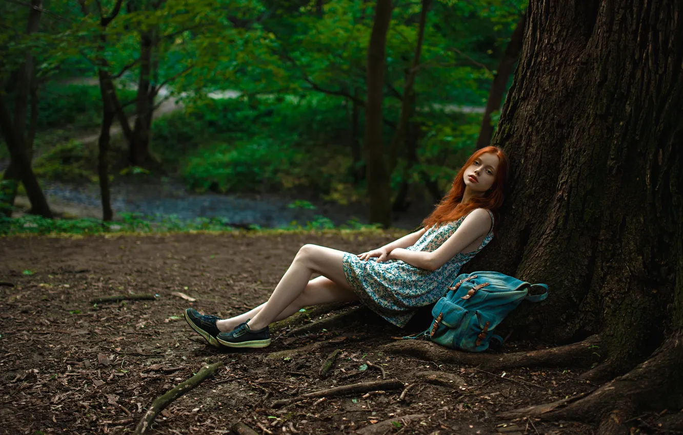Photo wallpaper forest, look, girl, trees, legs, Kate, beautiful, redhead