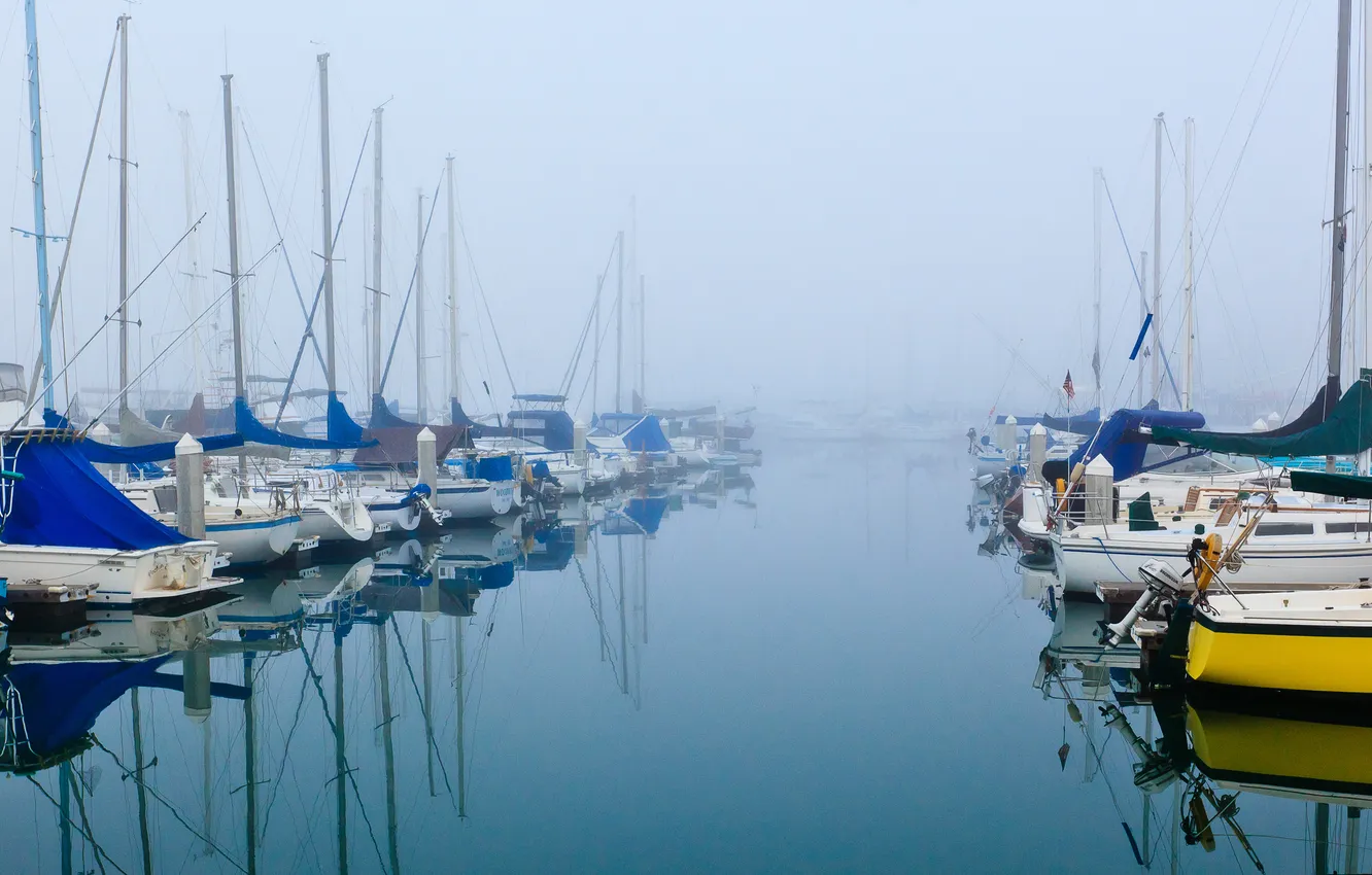 Photo wallpaper sea, the sky, fog, boat, Bay, yacht, Parking