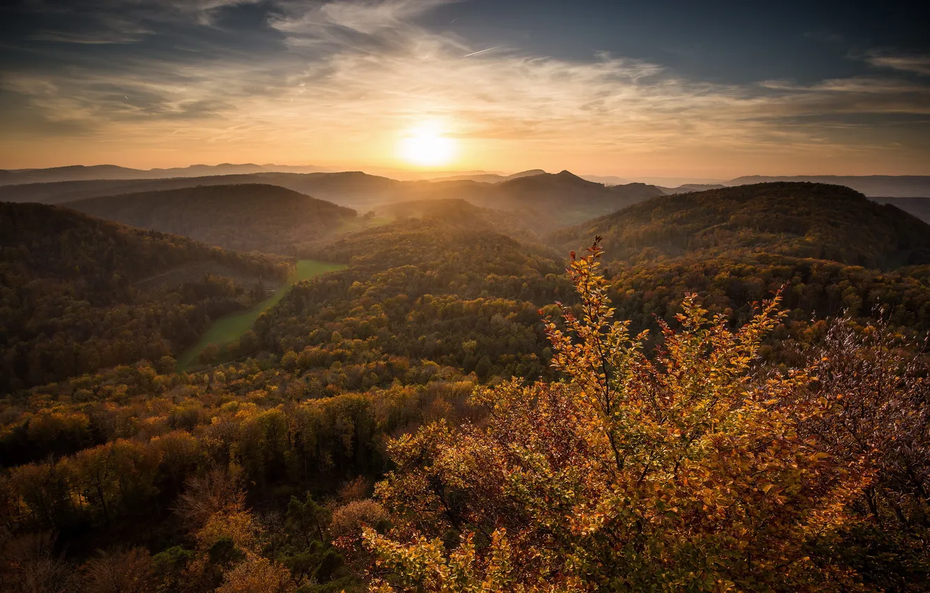 Photo wallpaper autumn, landscape, sunset, mountains