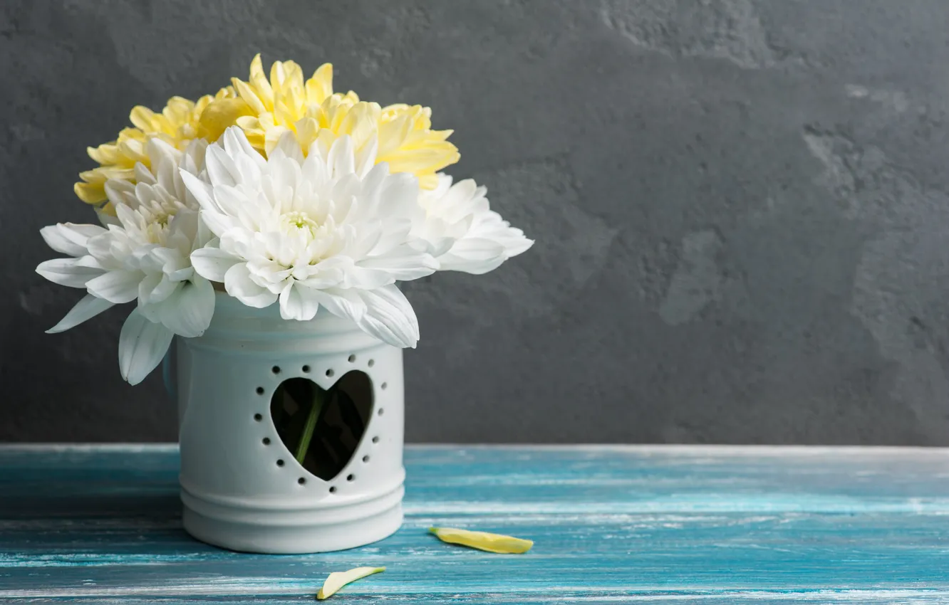 Photo wallpaper white, yellow, bouquet, vase, chrysanthemum, THE OFF