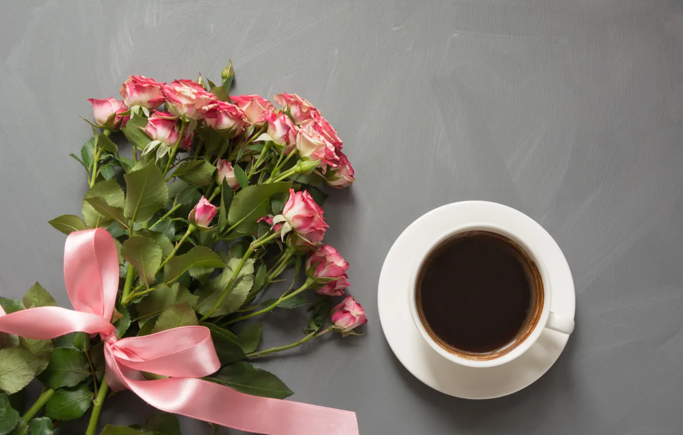 Photo wallpaper coffee, roses, bouquet, tape, Cup, Lazhko Svetlana