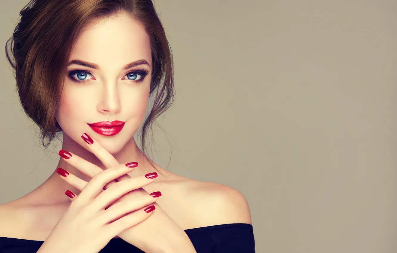 Photo wallpaper look, girl, eyelashes, smile, style, hands, makeup, hairstyle
