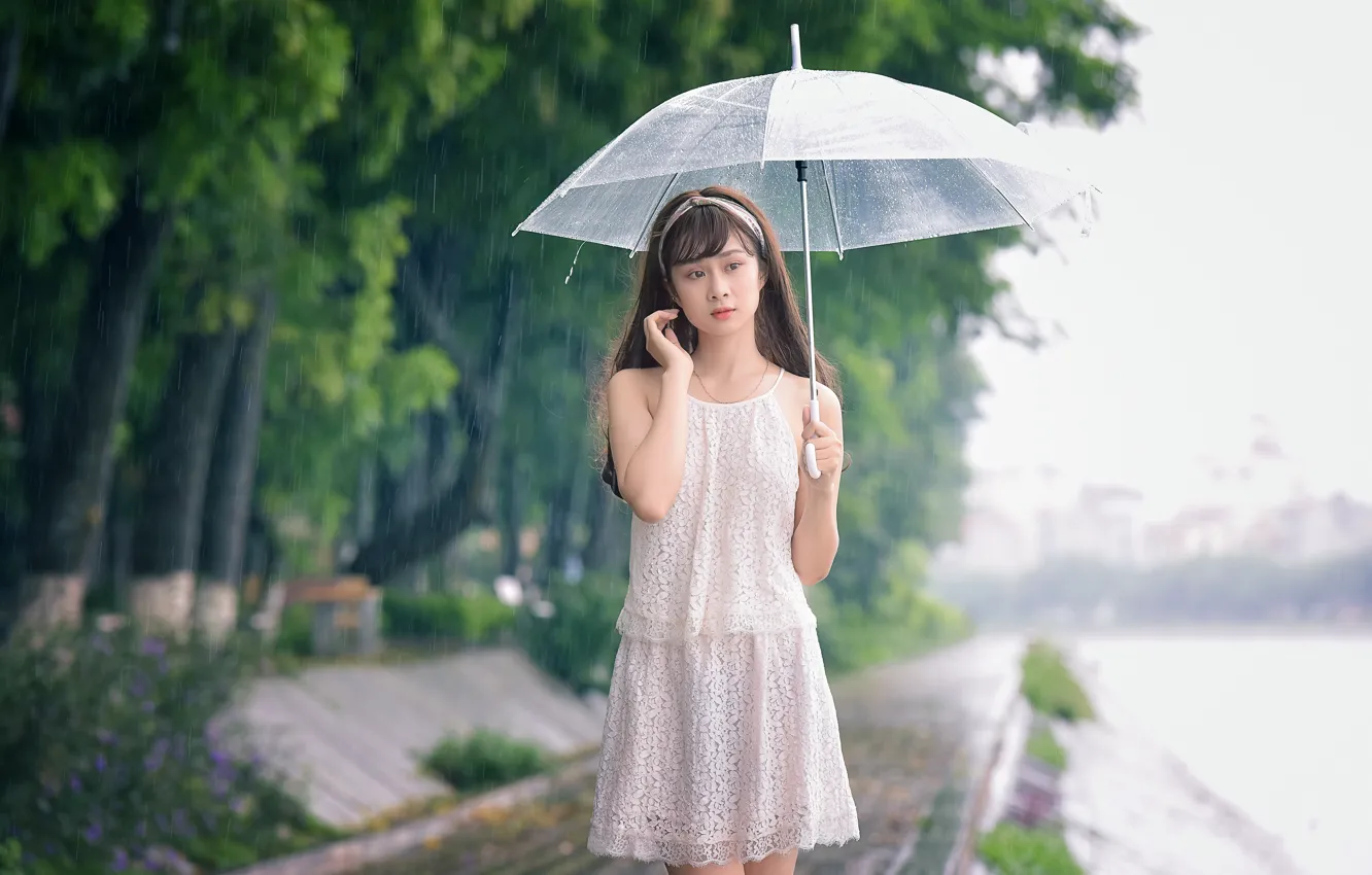 Photo wallpaper girl, drops, face, umbrella, rain, walk, East