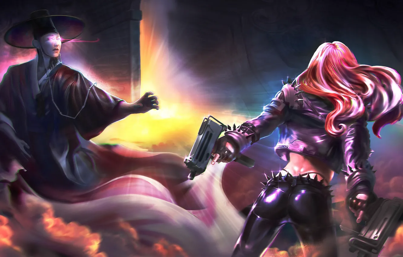 Photo wallpaper girl, weapons, MAG, guy, two