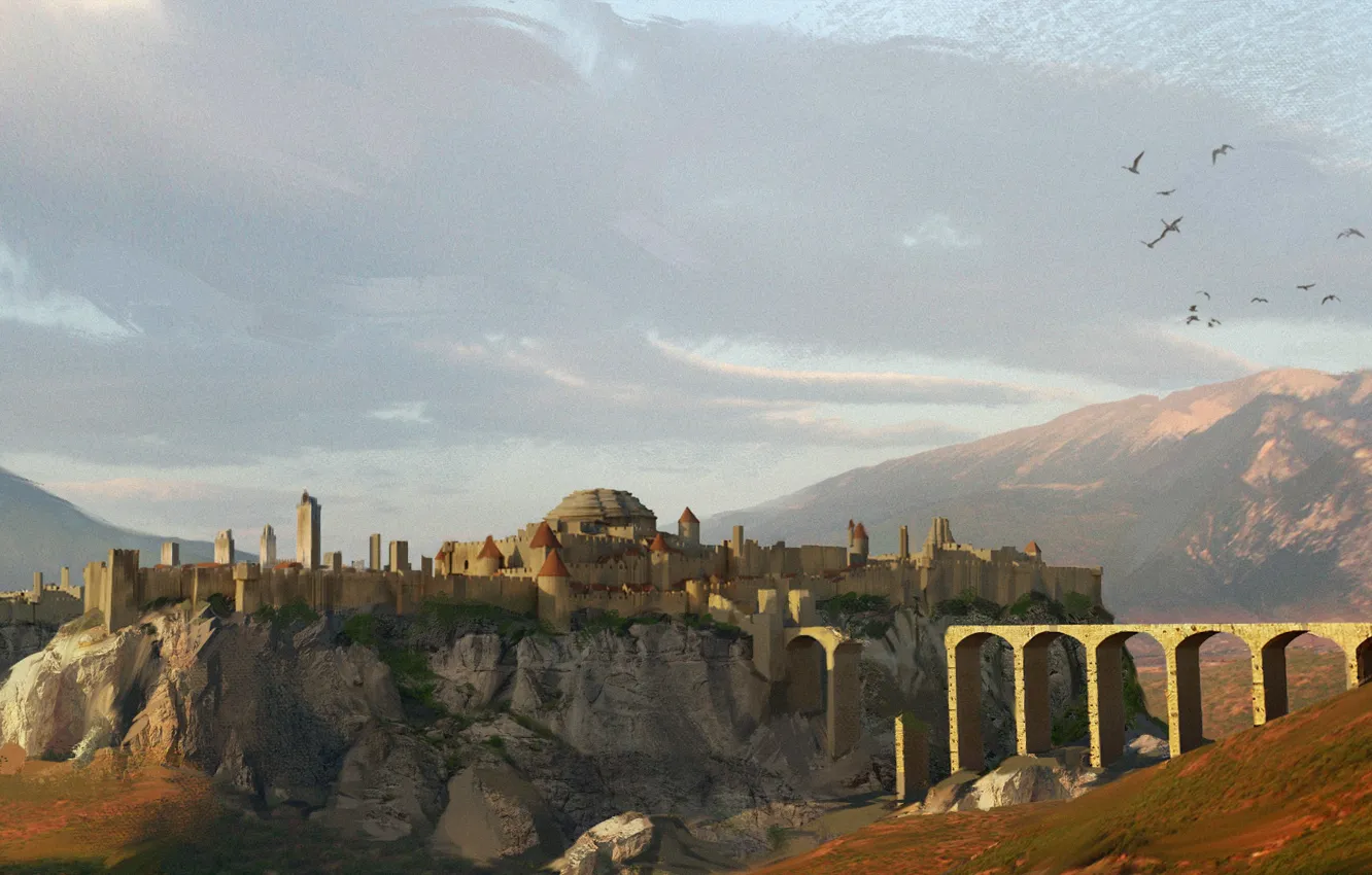 Photo wallpaper mountains, bridge, destruction, fortress, Fernshire
