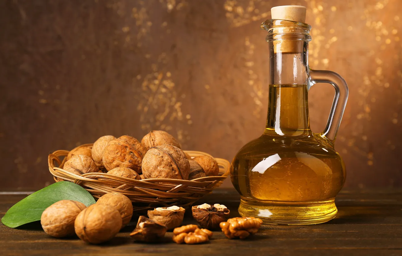 Photo wallpaper oil, bottle, walnuts
