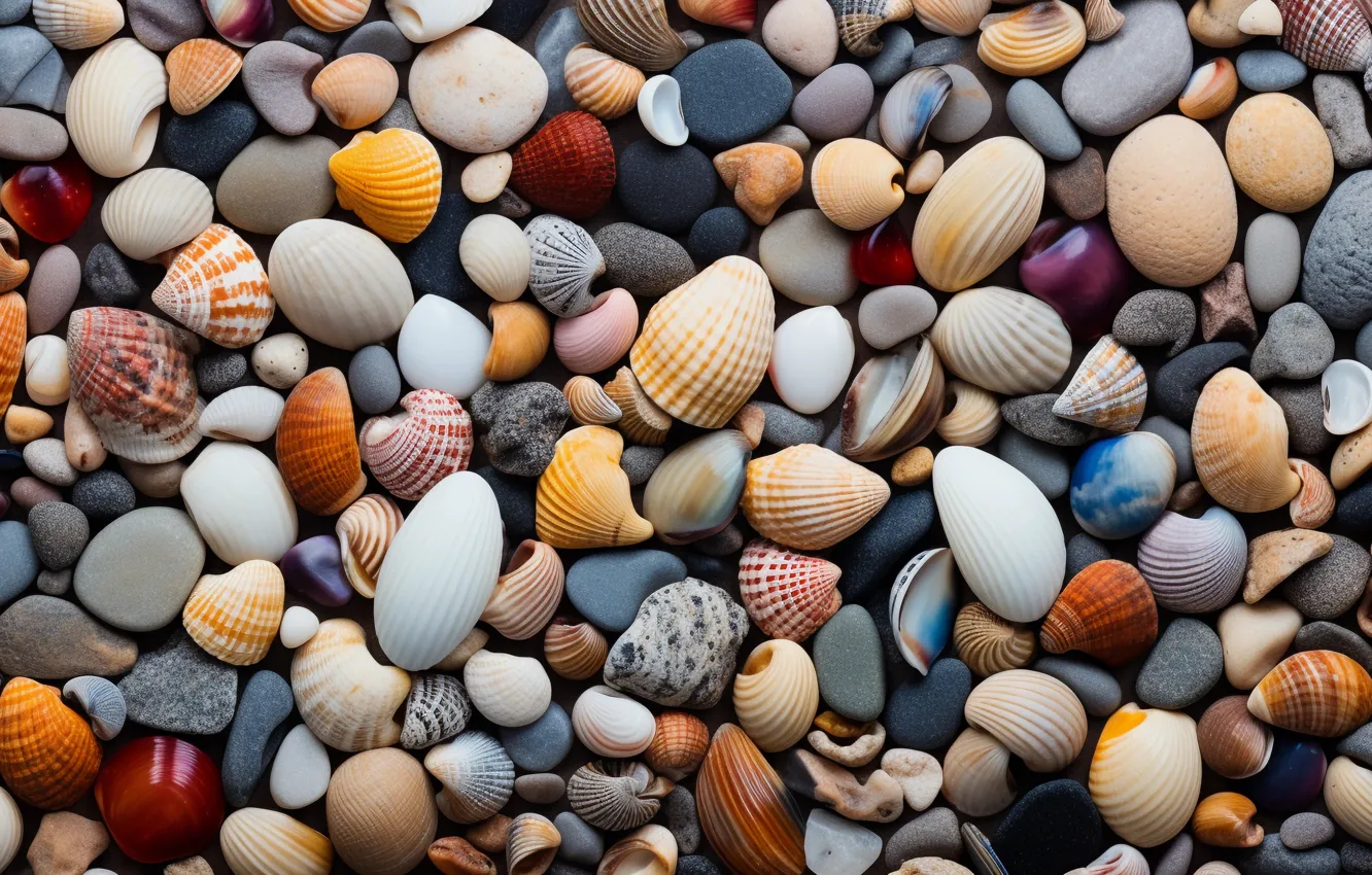 Photo wallpaper shore, shell, starfish, seashells, seashell, AI art, neural network